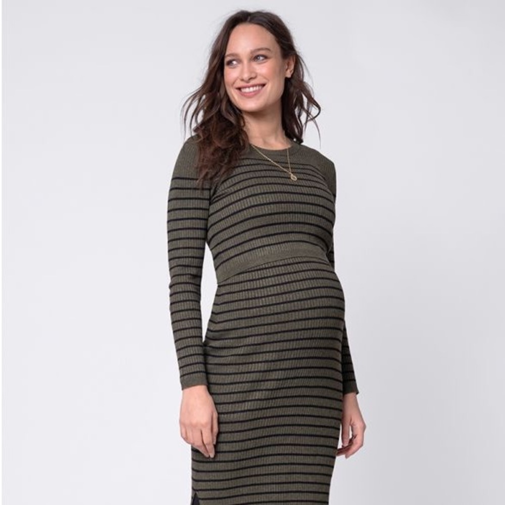 Seraphine Maternity Nursing Khaki Ribbed Crewneck Stretch Green MIDI Dress 6